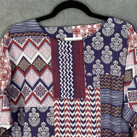 J Jill Purejill Top Womens XS Purple Floral Patchwork Organic Cotton Boho Resort - Picture 1 of 12